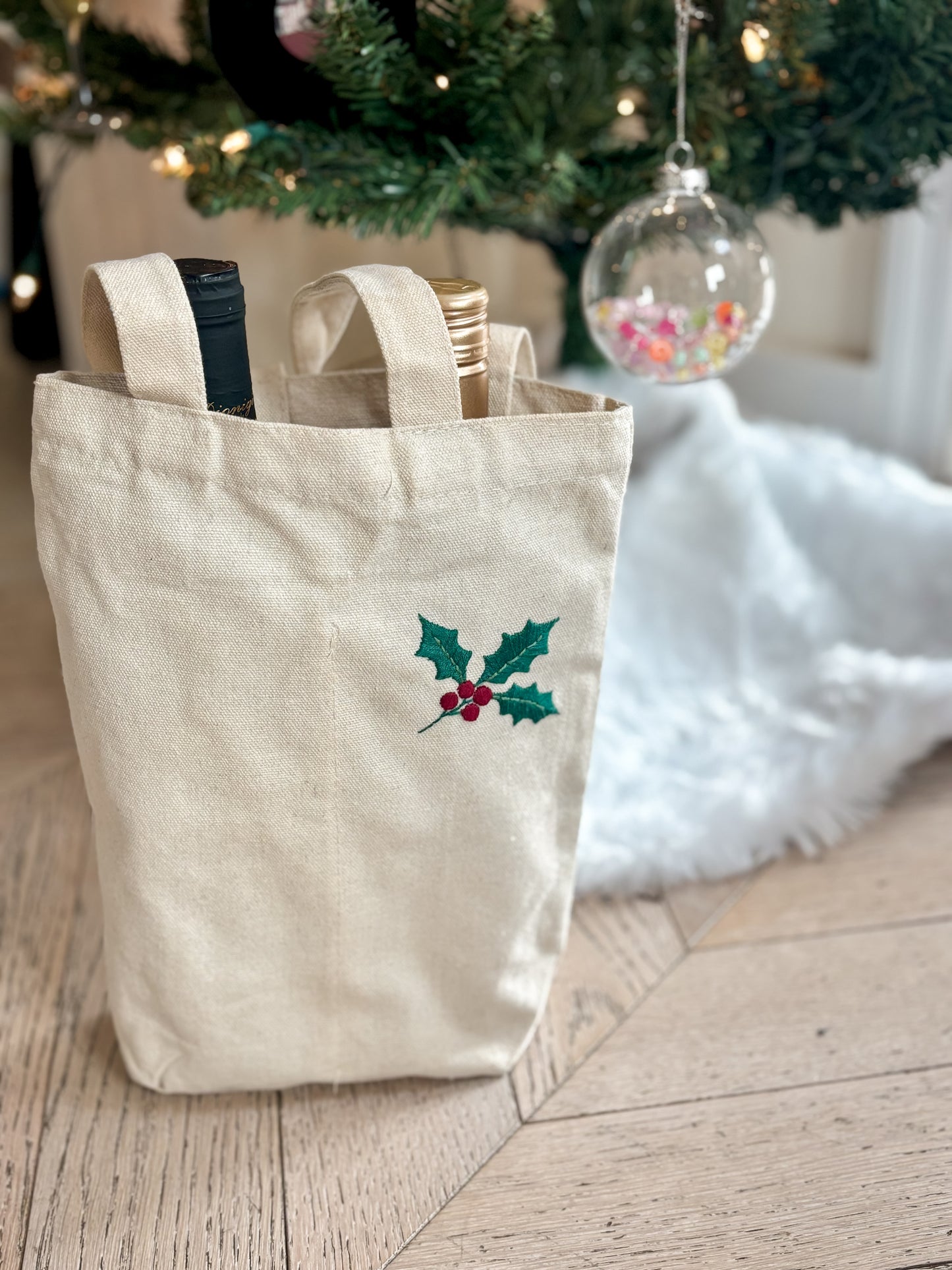 Hand-embroidered holiday double wine bottle (or candle) tote bags