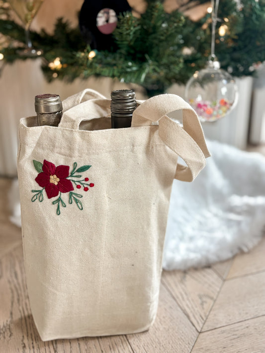 Hand-embroidered holiday double wine bottle (or candle) tote bags