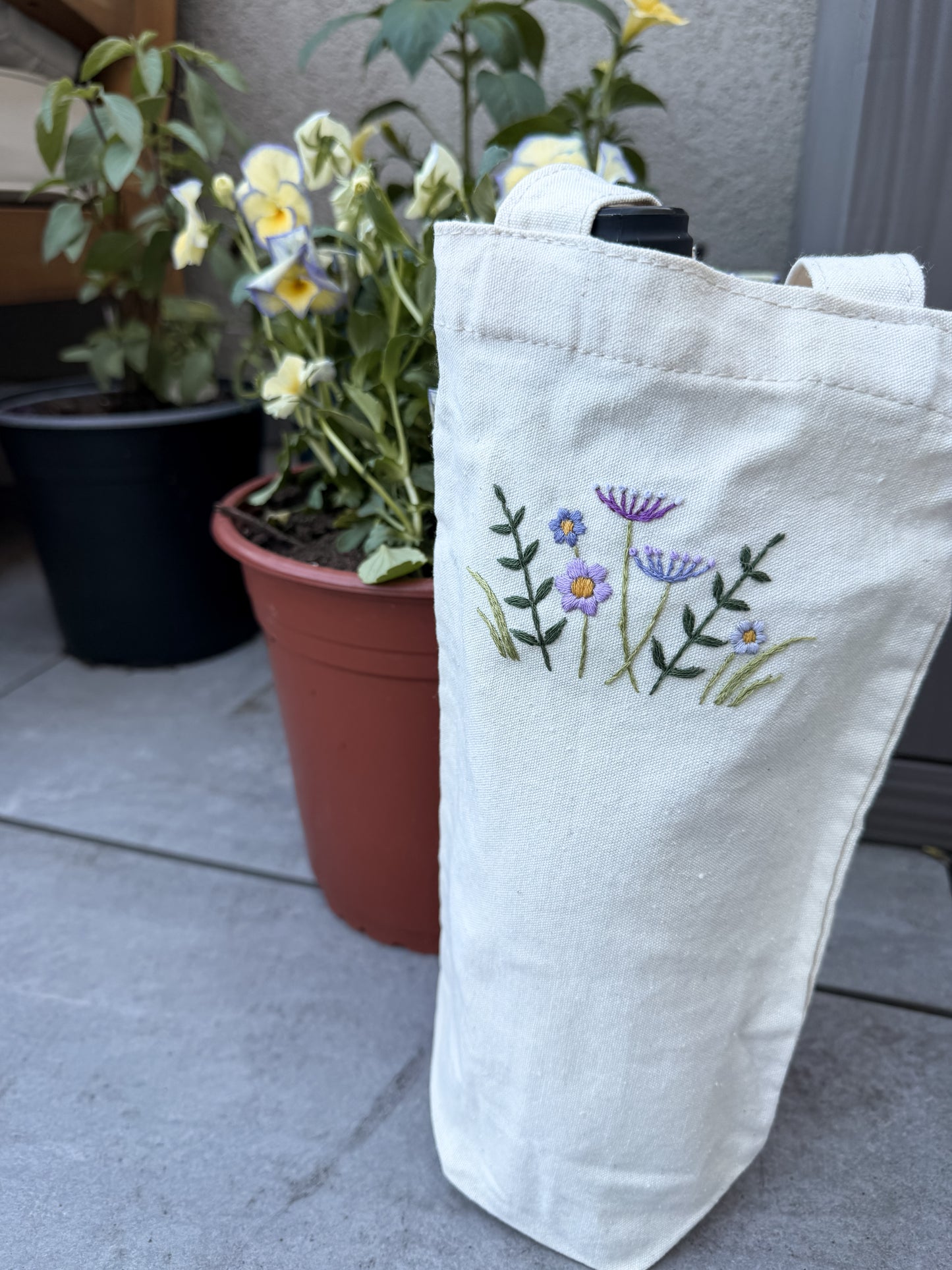 Hand-embroidered summer wine bottle (or candle!) tote bag