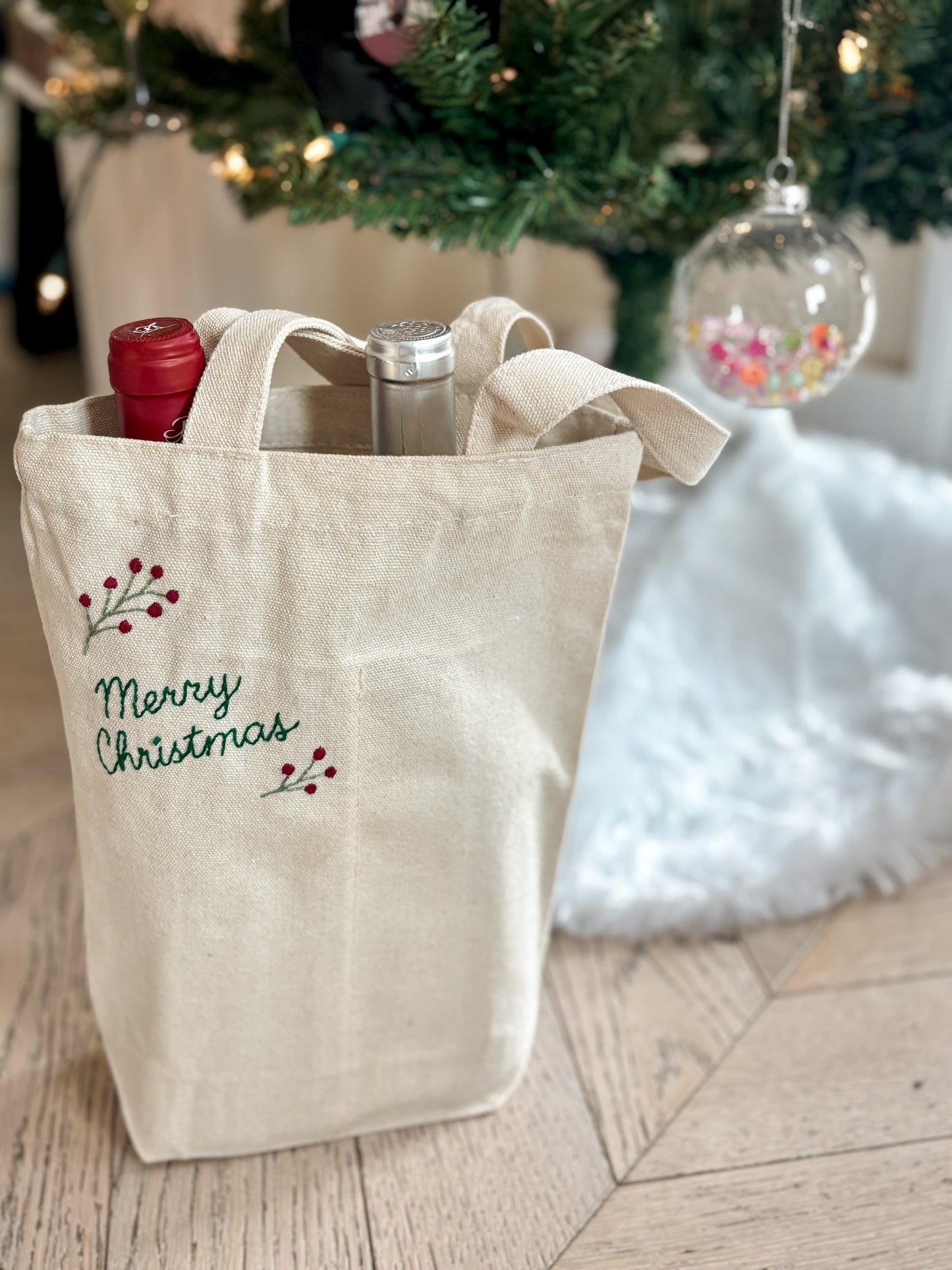 Hand-embroidered holiday double wine bottle (or candle) tote bags