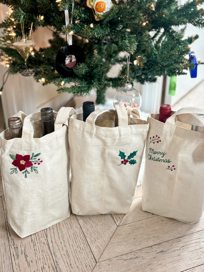 Hand-embroidered holiday double wine bottle (or candle) tote bags