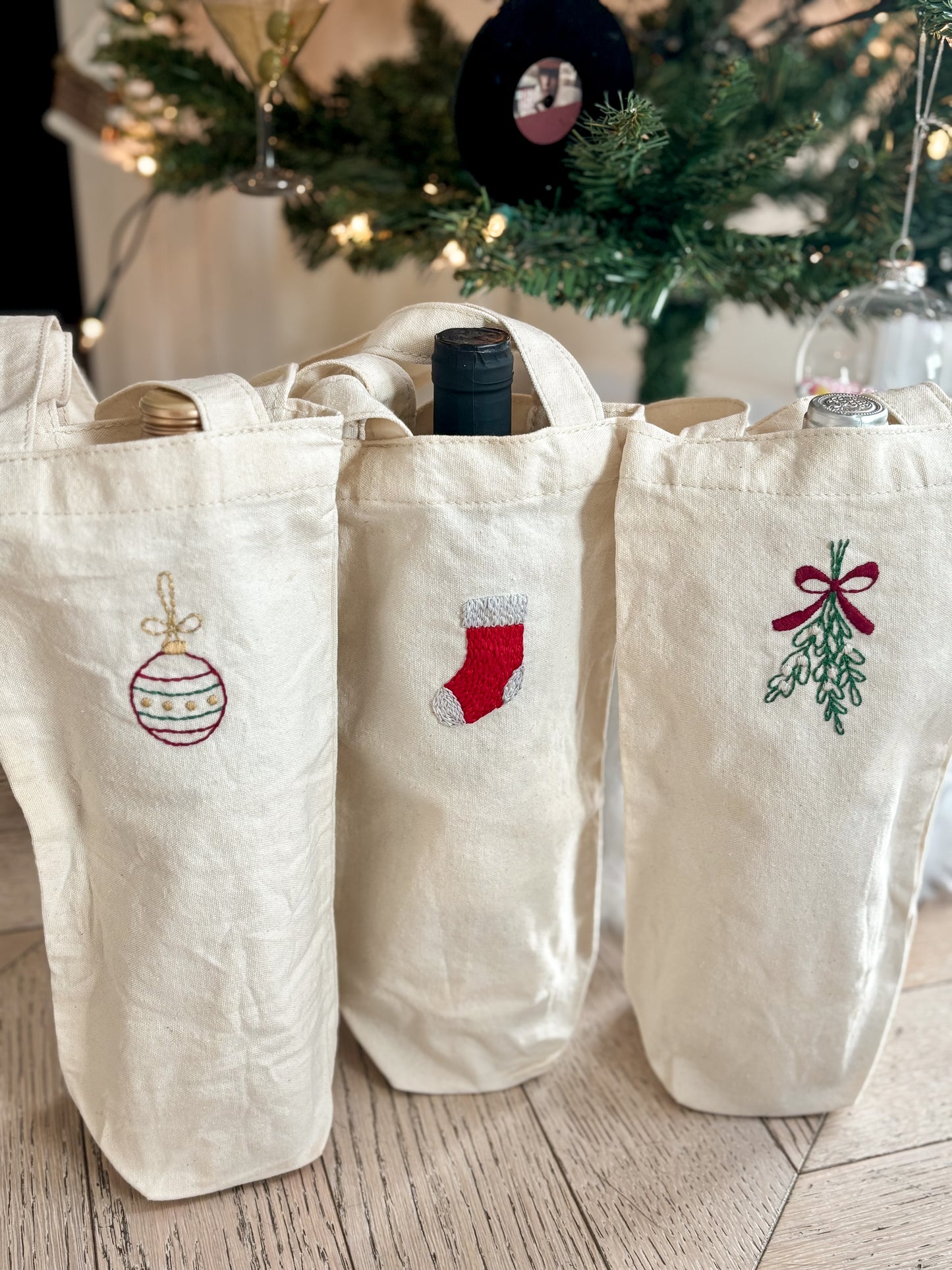 Hand-embroidered holiday wine bottle (or candle!) tote bag