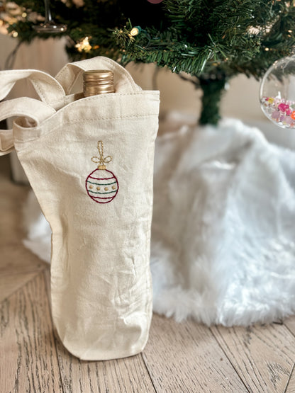Hand-embroidered holiday wine bottle (or candle!) tote bag