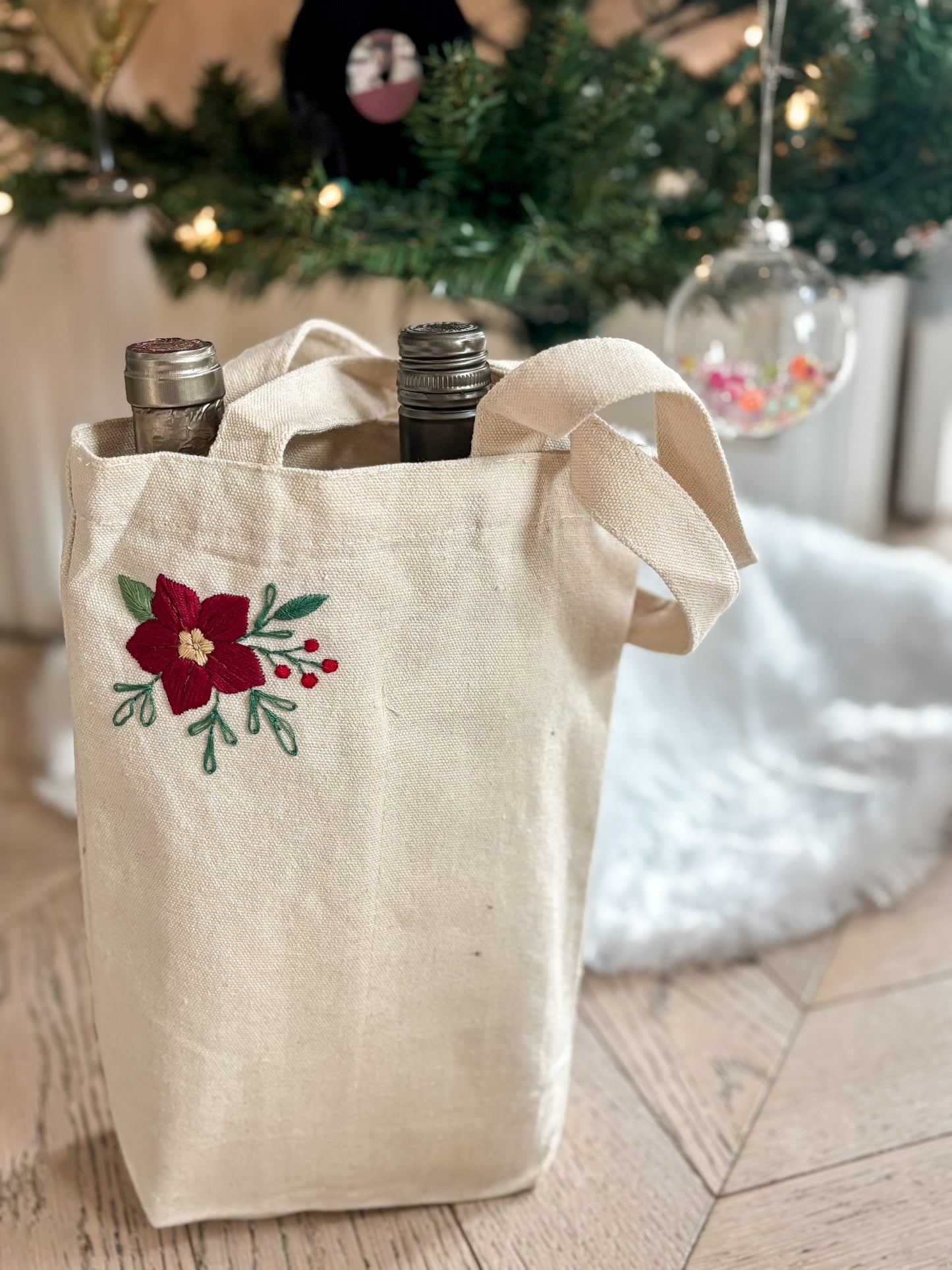 Hand-embroidered holiday double wine bottle (or candle) tote bags