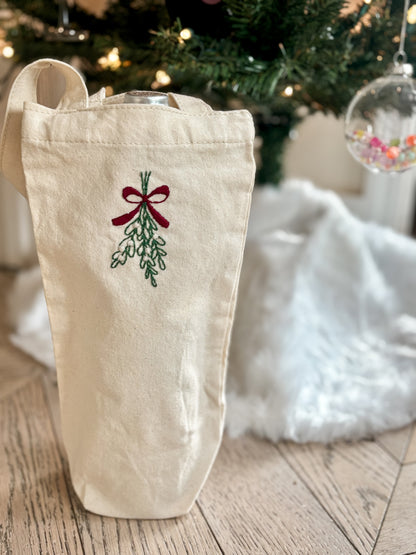 Hand-embroidered holiday wine bottle (or candle!) tote bag