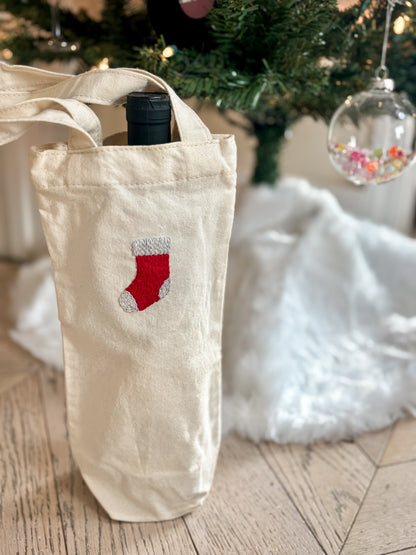 Hand-embroidered holiday wine bottle (or candle!) tote bag