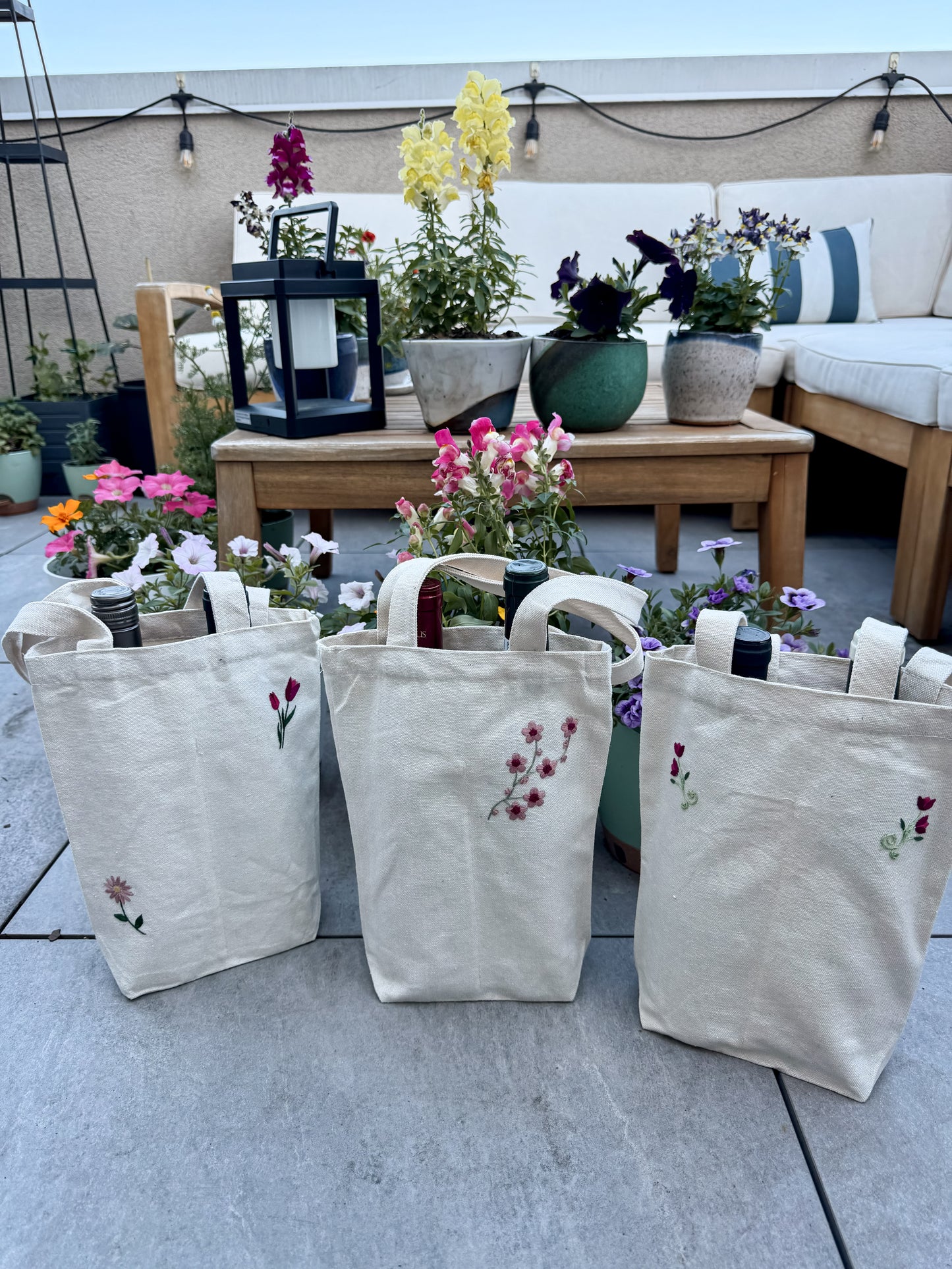 Hand-embroidered flower double wine bottle (or candle) tote bags
