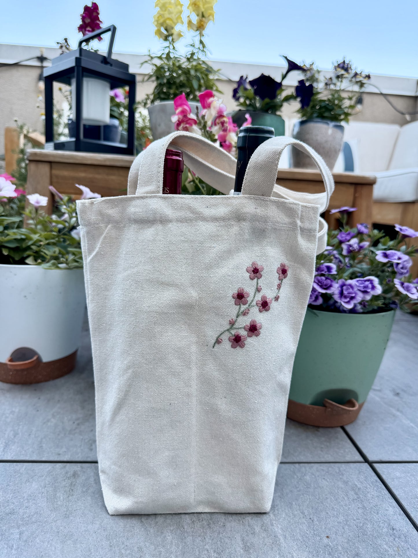 Hand-embroidered flower double wine bottle (or candle) tote bags