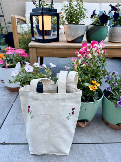 Hand-embroidered flower double wine bottle (or candle) tote bags