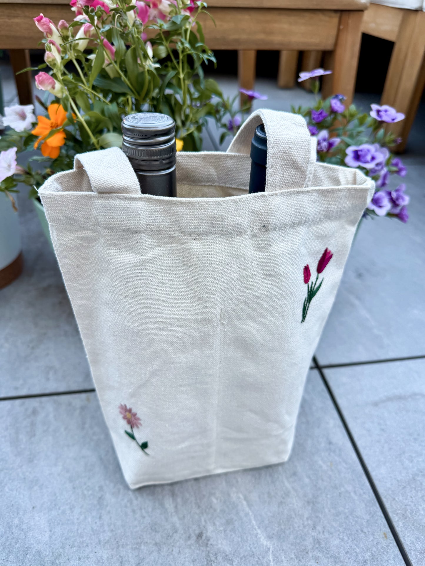 Hand-embroidered flower double wine bottle (or candle) tote bags