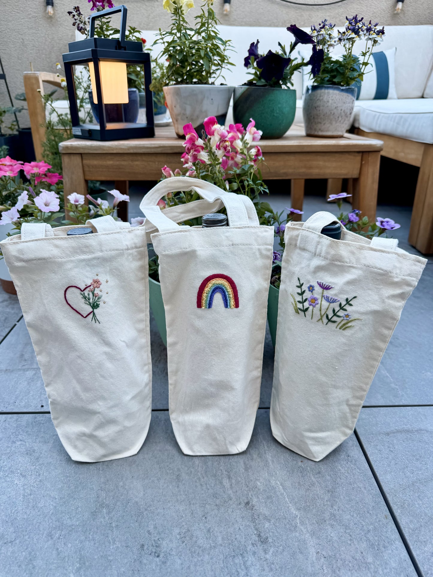Hand-embroidered summer wine bottle (or candle!) tote bag