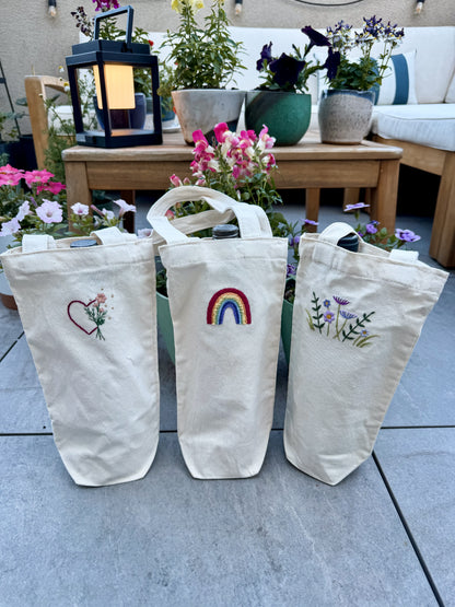 Hand-embroidered summer wine bottle (or candle!) tote bag