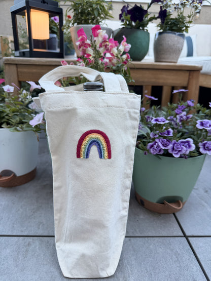Hand-embroidered summer wine bottle (or candle!) tote bag