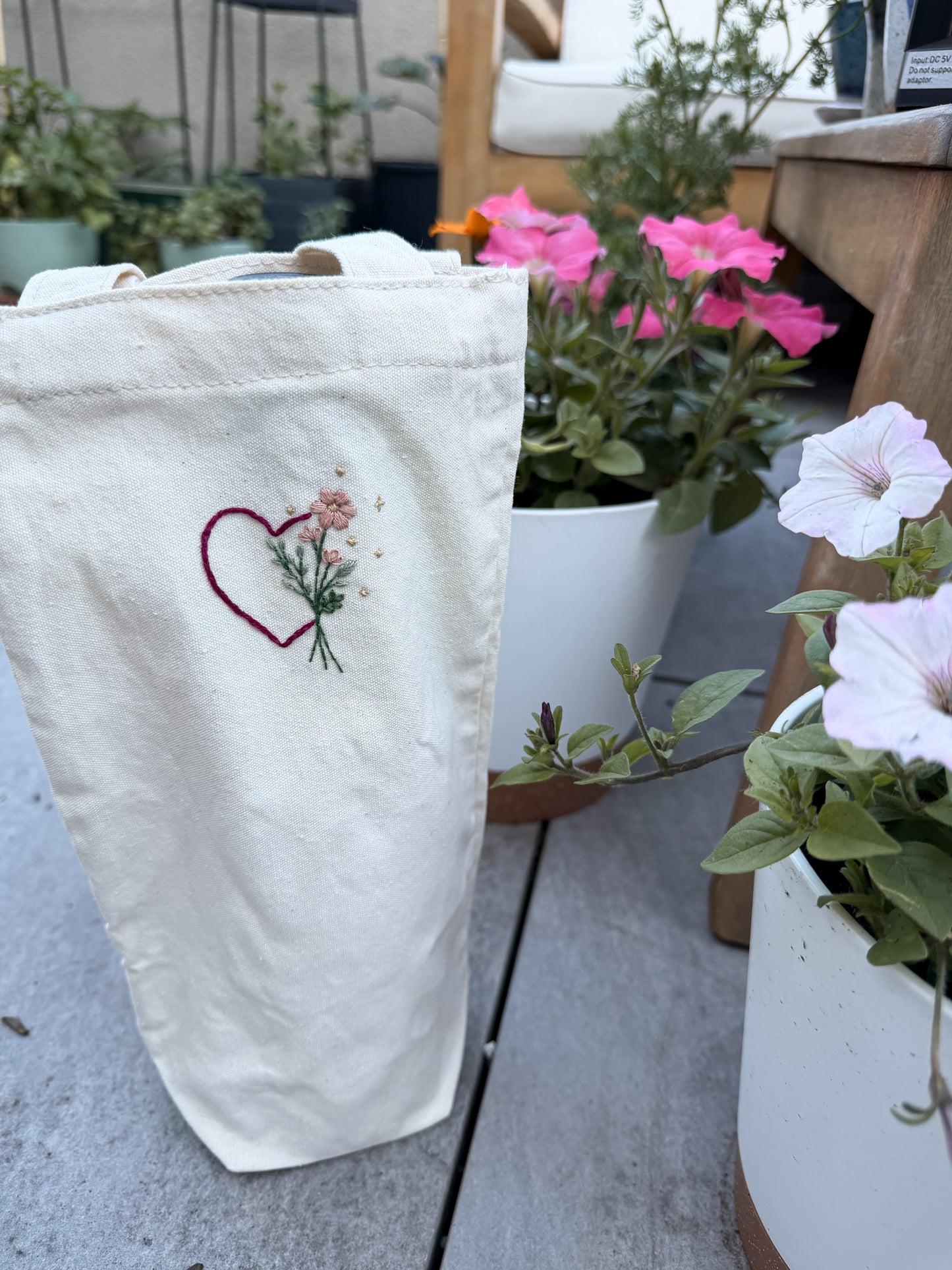 Hand-embroidered summer wine bottle (or candle!) tote bag